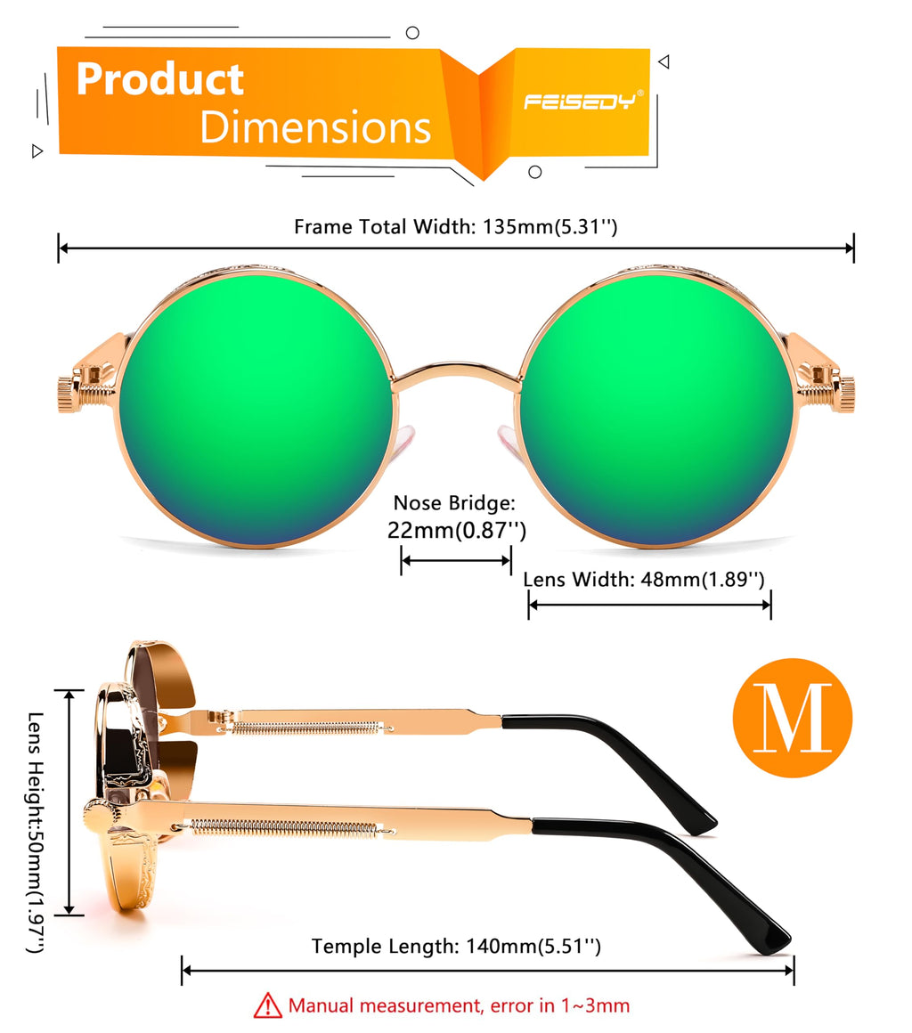 FEISEDY Retro Gothic Steampunk Sunglasses Round Metal Frame Punk Circle Inspired Shade Men B1857
