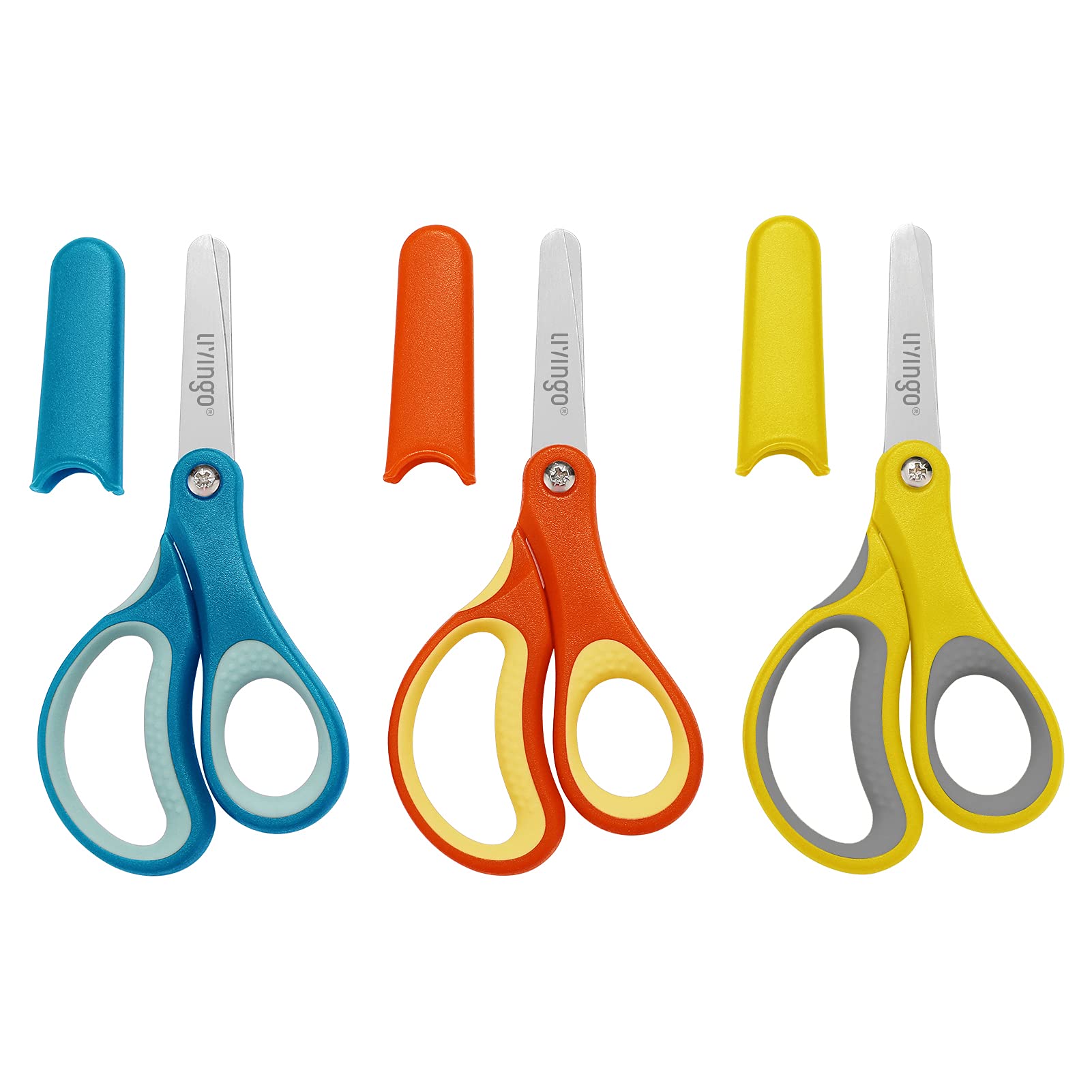 LIVINGO 5" Small School Student Blunt Kids Craft Scissors, Sharp Stainless Steel Blades Safety Comfort Grip for Children Cutting Paper, Assorted Color, 3 Pack