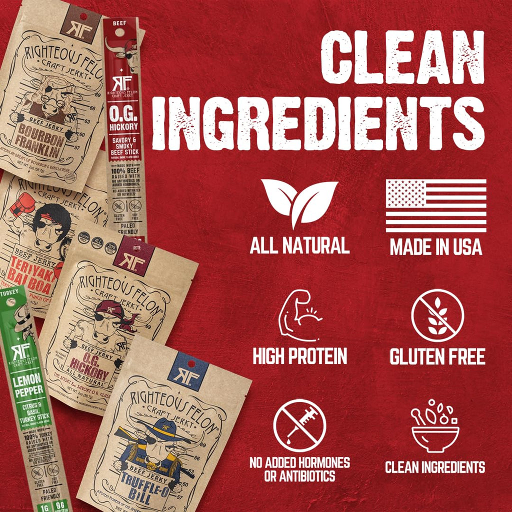 Righteous Felon Beef Jerky & Meat Sticks Variety Pack - Father's Day Jerky Sampler for Dad - Gluten Free Beef Jerky Snack Packs - High Protein, Keto, Low Sugar - Gifts for Men - 11 Pack Sampler