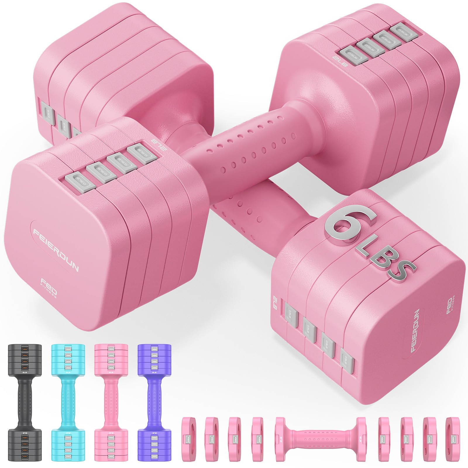 FEIERDUN DB3 5-in-1 Adjustable Dumbbell Set, 6LB/10LB Pair Adjustable Weights for Women at Home, Dual Locking Stable Hand Weights with TPU Soft Handle, Home Gym, Rehab, Pilates, Yoga, Strength Training