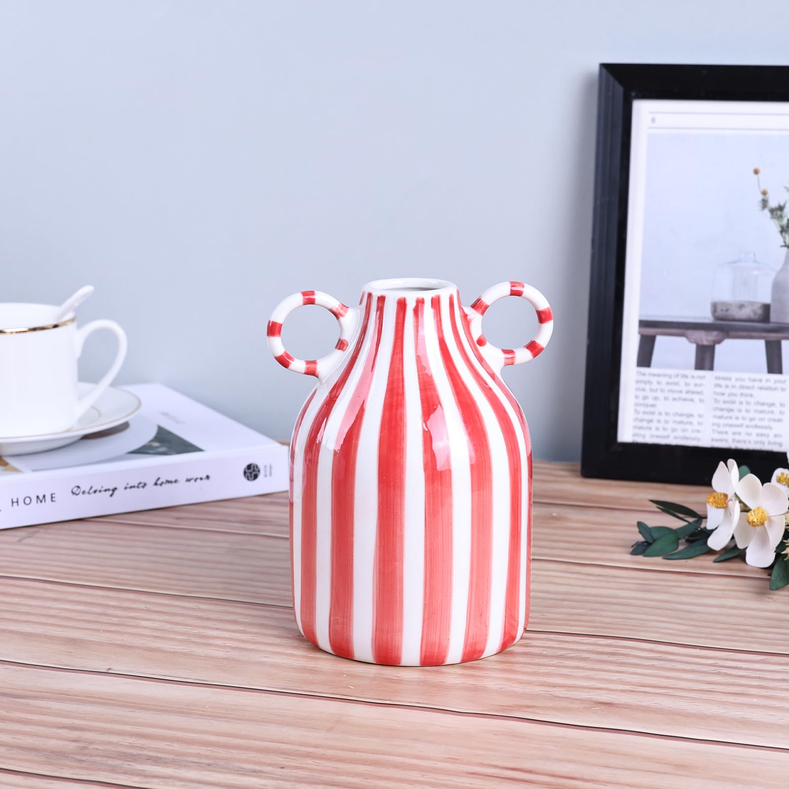 LCCCK Red and White Ceramic Vase, Mid Century Modern Striped Small Vases for Flower&Pampas Grass Centerpiece, Red White Checkered Vase for Dining Table Kitchen Tabletop Minimalist Decorative