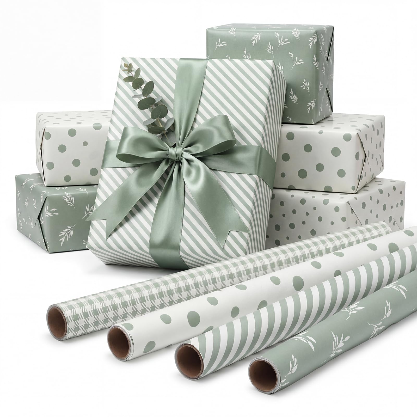 woric 4 Rolls Sage Green Wrapping Paper Neutral Wrapping Paper with Stripe Polka Dot Check Beige Leaves Design for Baby Shower Wedding Bridal Shower Graduation Birthday-17 x 120 in Per Roll