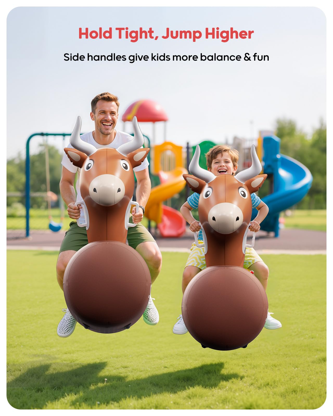 QPAU Inflatable Bouncy Dinosaur Toys 2 PCS with Hand Pump, Heavy Duty Giant Bouncy Pal, 220lbs Load Capacity, Ride On Bouncy Animal Hopper Toy, Indoor Outdoor Bouncers for Kids Girls Boys Ages 5+
