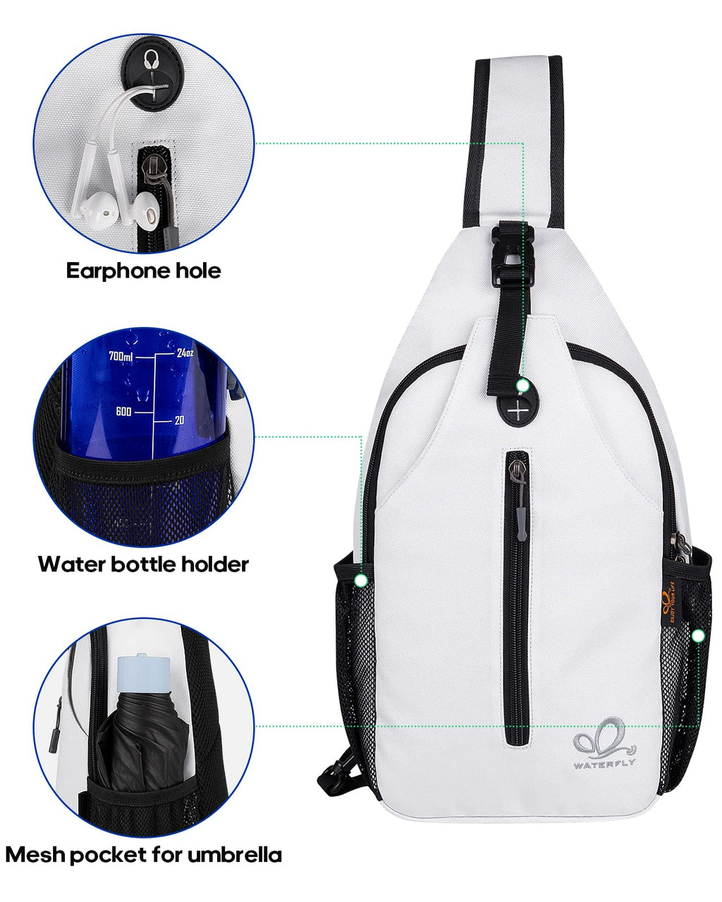 WATERFLY Crossbody Sling Backpack Sling Bag Travel Hiking Chest Bag Daypack (Black)