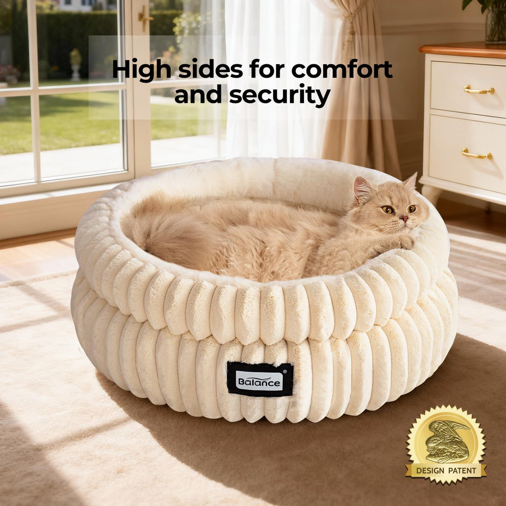 BALANCE Cat Bed Kitten Bed, Washable Round Cat Beds for Indoor Cats, Super Soft Plush Faux Fur Pet Bed for Puppy and Kitten with Anti-Slip Bottom
