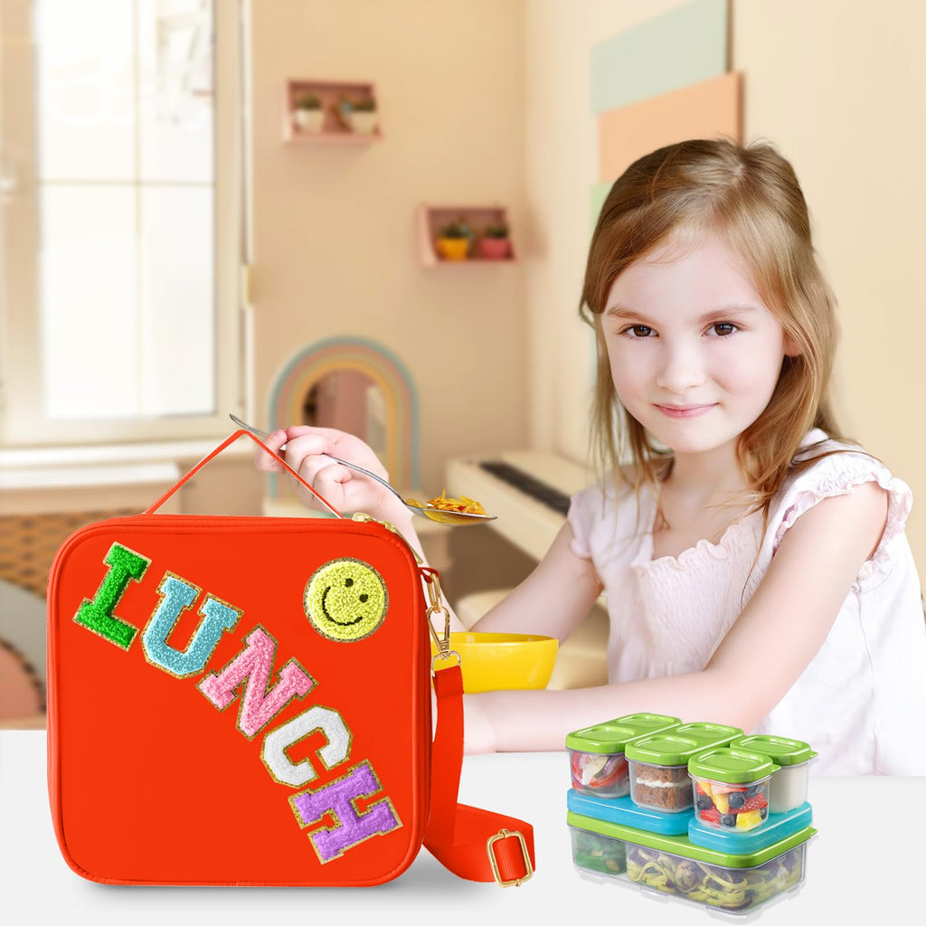 Insulated Lunch Bag With Adjustable Shoulder Strap, Nylon Preppy Lunch Box Large Insulated Lunch Bag Reusable Lunch Tote Bag with Smiley Preppy LunchBag for Girls School Travel Picnic (Purple)