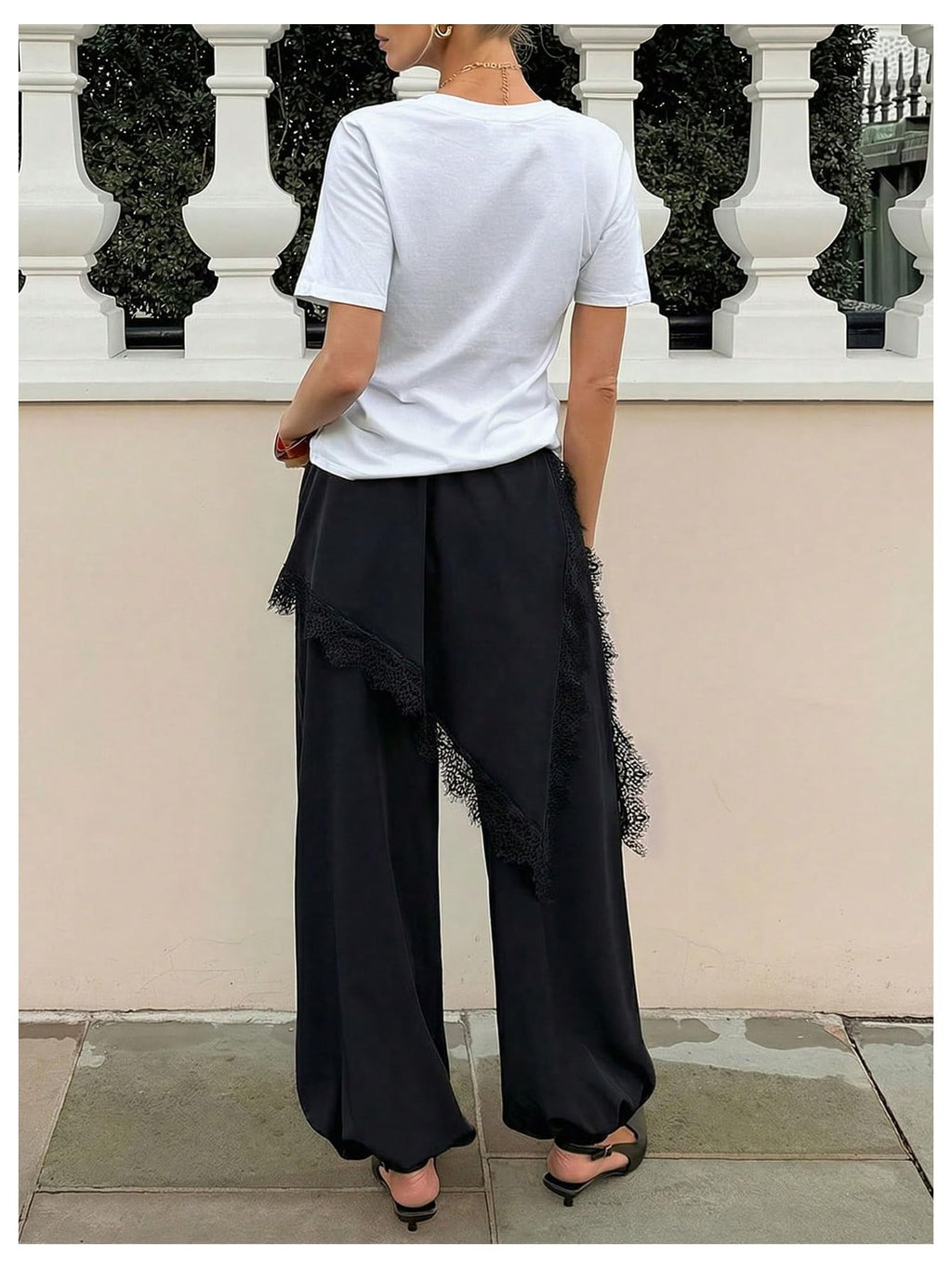 GORGLITTER Women's Satin Skirt Pants Lace Trim High Waisted Asymmetrical Hem Balloon Pants