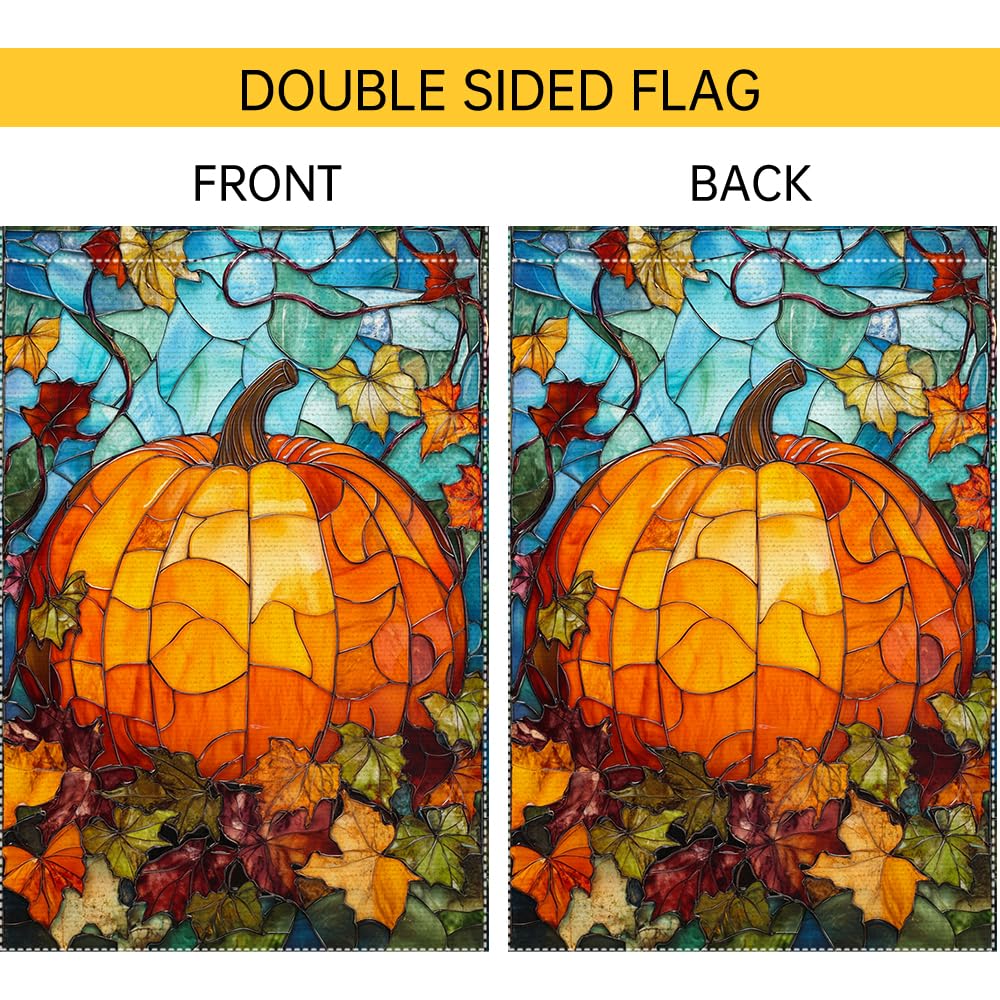 Fall Garden Flag For Outdoor Decor Thanksgiving Garden Flags Autumn Stained Glass Pumpkin Maple Leaf Double Sided Small Burlap Outside Porch Lawn Yard Flags Decorations 12.5x18 Inch