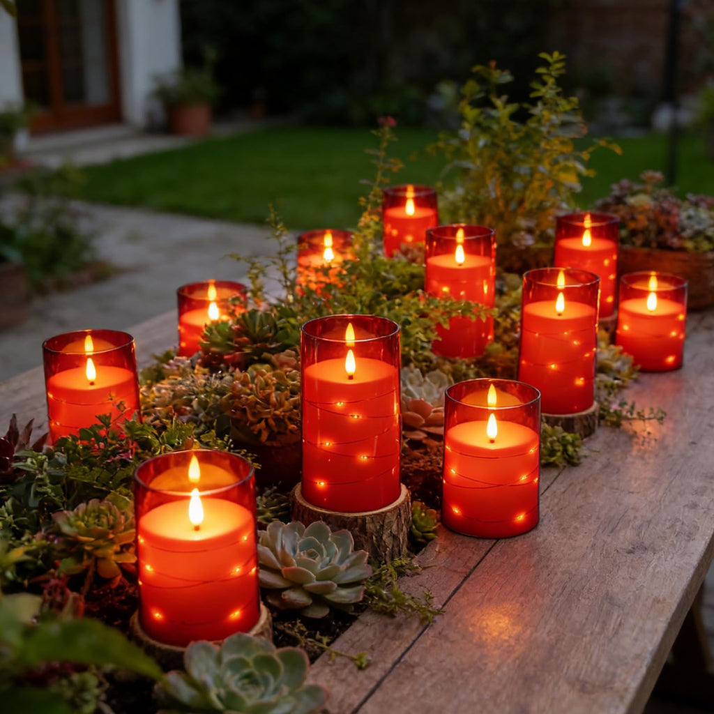 kakoya Flameless LED Candles with Timer 5 Pc Flickering Flameless Candles for Romantic Ambiance and Home Decoration Stable Acrylic Shell,with Embedded Star String，Battery Operated Candles（Red）