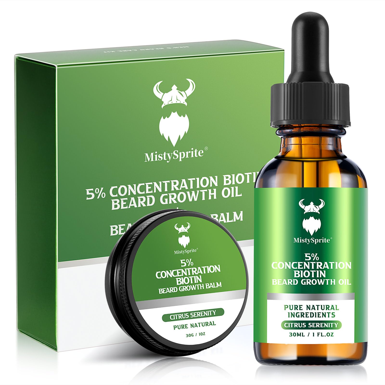 MistySprite Beard Growth Kit for Men, 2X Concentration Biotin Beard Oil & Styling Balm, Natural Facial Hair Conditioner with Argan, Jojoba & Vitamin E, Sandalwood Scent Softener