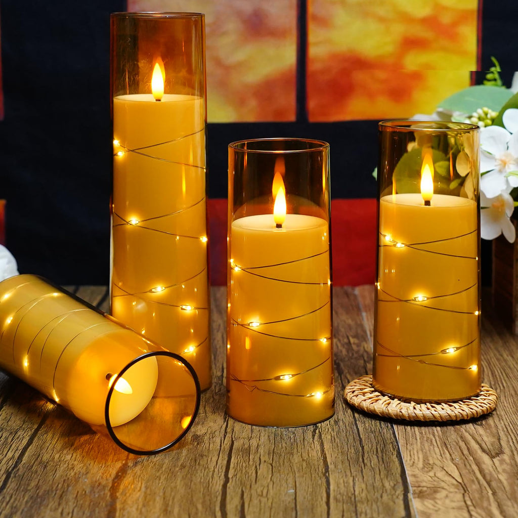 kakoya Flameless LED Candles with Timer 5 Pc Flickering Flameless Candles for Romantic Ambiance and Home Decoration Stable Acrylic Shell,with Embedded Star String，Battery Operated Candles（Red）