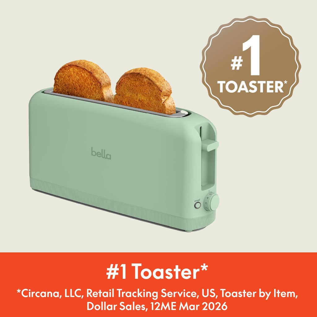 bella 2 Slice Slim Toaster, Fits-anywhere™ Kitchenware, 6 Setting Shade Control with Reheat & Cancel Buttons, Fits Sourdough, 10” Long Slot, Anti Jam & Auto Shutoff, 900 Watt, Surf
