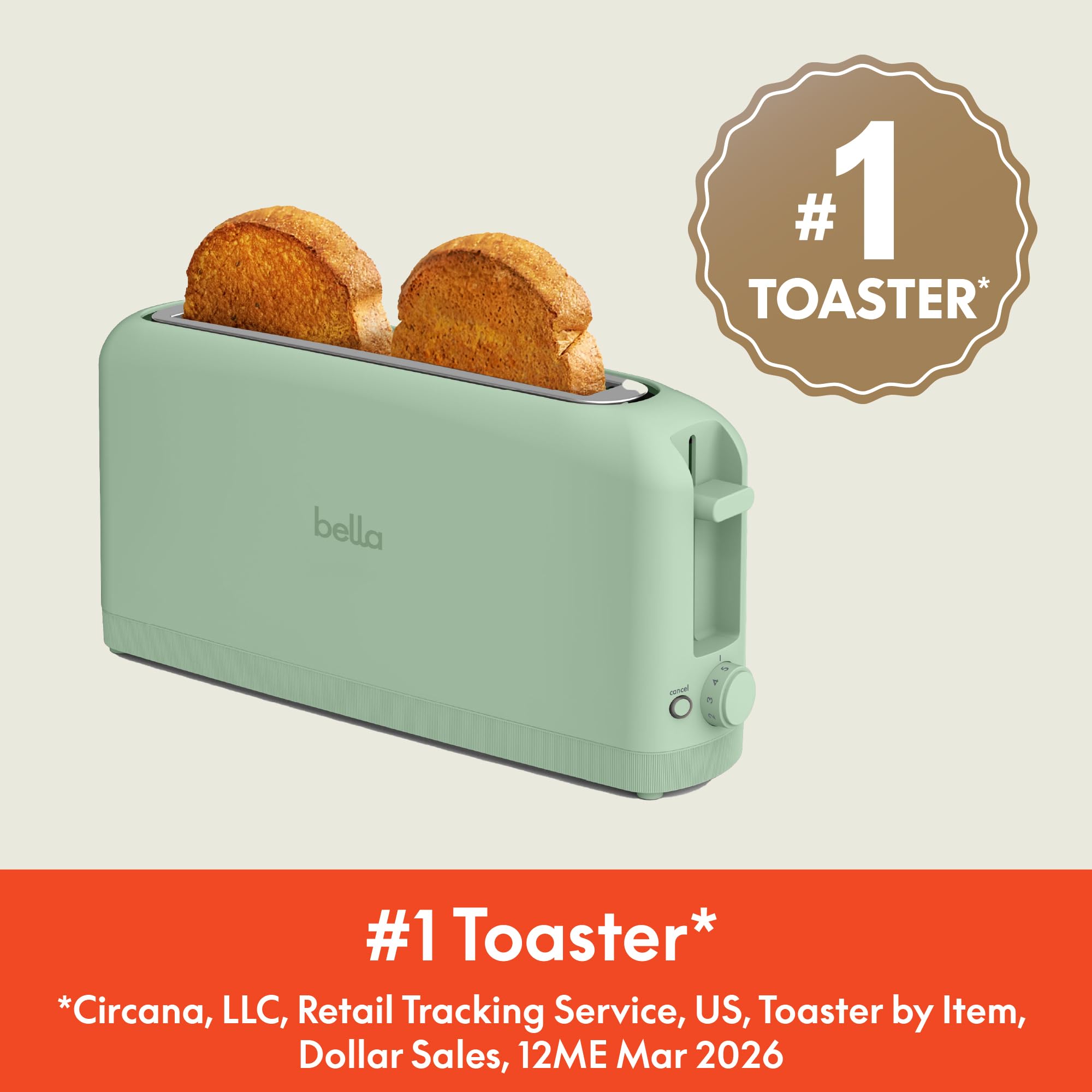 bella 2 Slice Slim Toaster, Fits-anywhere™ Kitchenware, 6 Setting Shade Control with Reheat & Cancel Buttons, Fits Sourdough, 10” Long Slot, Anti Jam & Auto Shutoff, 900 Watt, Surf