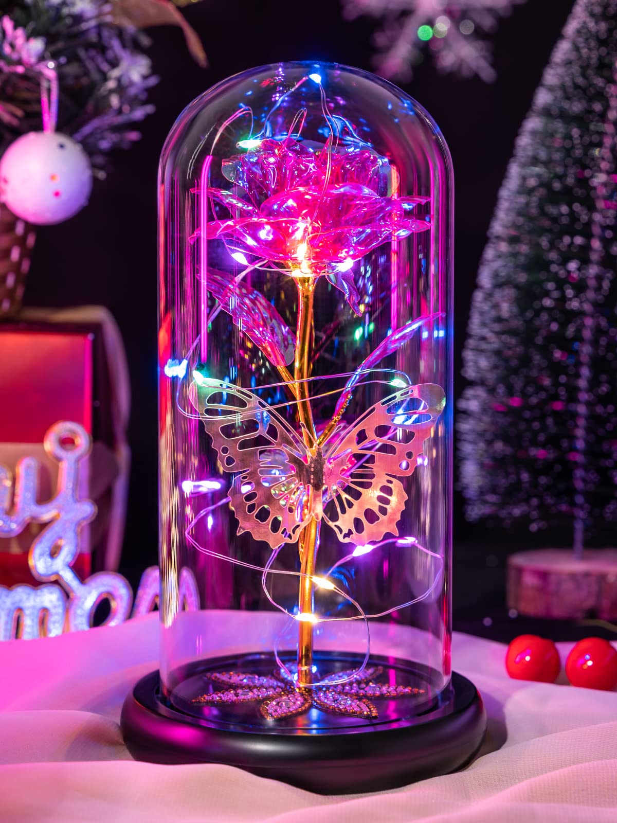 Pusuny Mothers Day Flowers Gifts for Mom Women Birthday Gift Galaxy Glass Rose Forever Eternal Crystal Flowers Rose in Glass Dome with Butterfly Mother's Day Roses Gifts for Mom Daughter Wife Purple