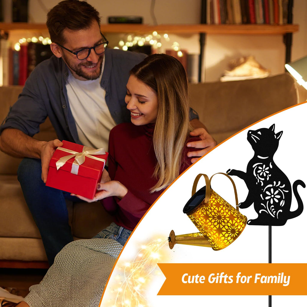 Solar Watering Can Lights, Cat Hanging Lantern Solar Lights Outdoor, Cat Lover Gifts for Mom Women Birthday Mother's Day Christmas, Waterproof Garden Decor Outside Patio Yard Pathway Backyard