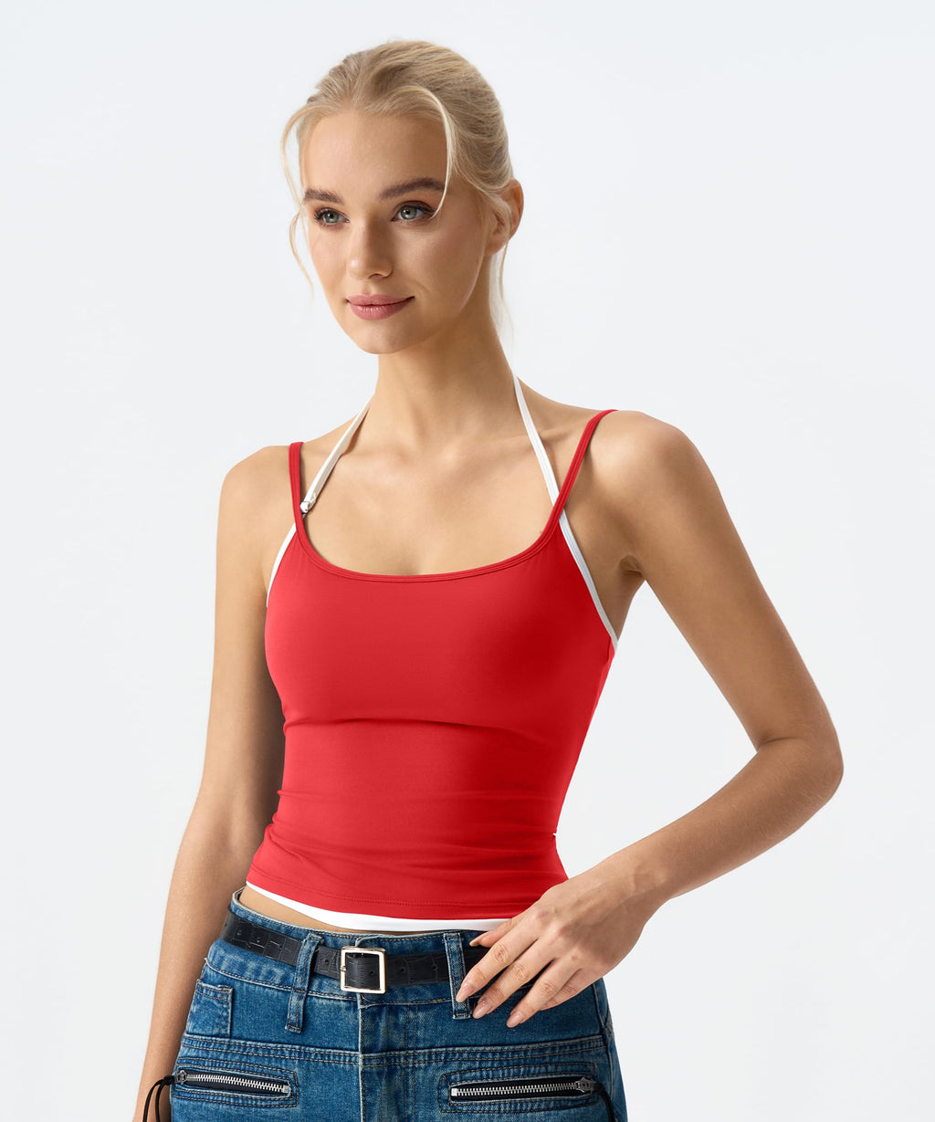 QINSEN Women's Spaghetti Strap Tank Top Slim Fitting Layered Halter Neck Sleeveless Crop Cami Shirt