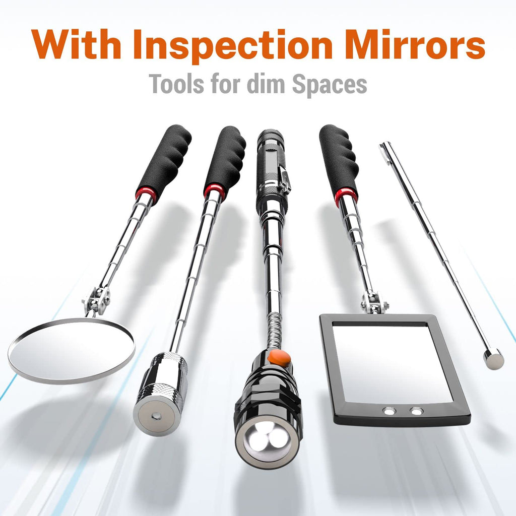 Telescoping Magnetic Pickup Tool Set with 1 & 15 lb Pick Up Sticks, Round and Square Adjustable Inspection Mirror and Flexible LED Flashlight, Fathers Day Dad Gifts for Men, Dad, Husband