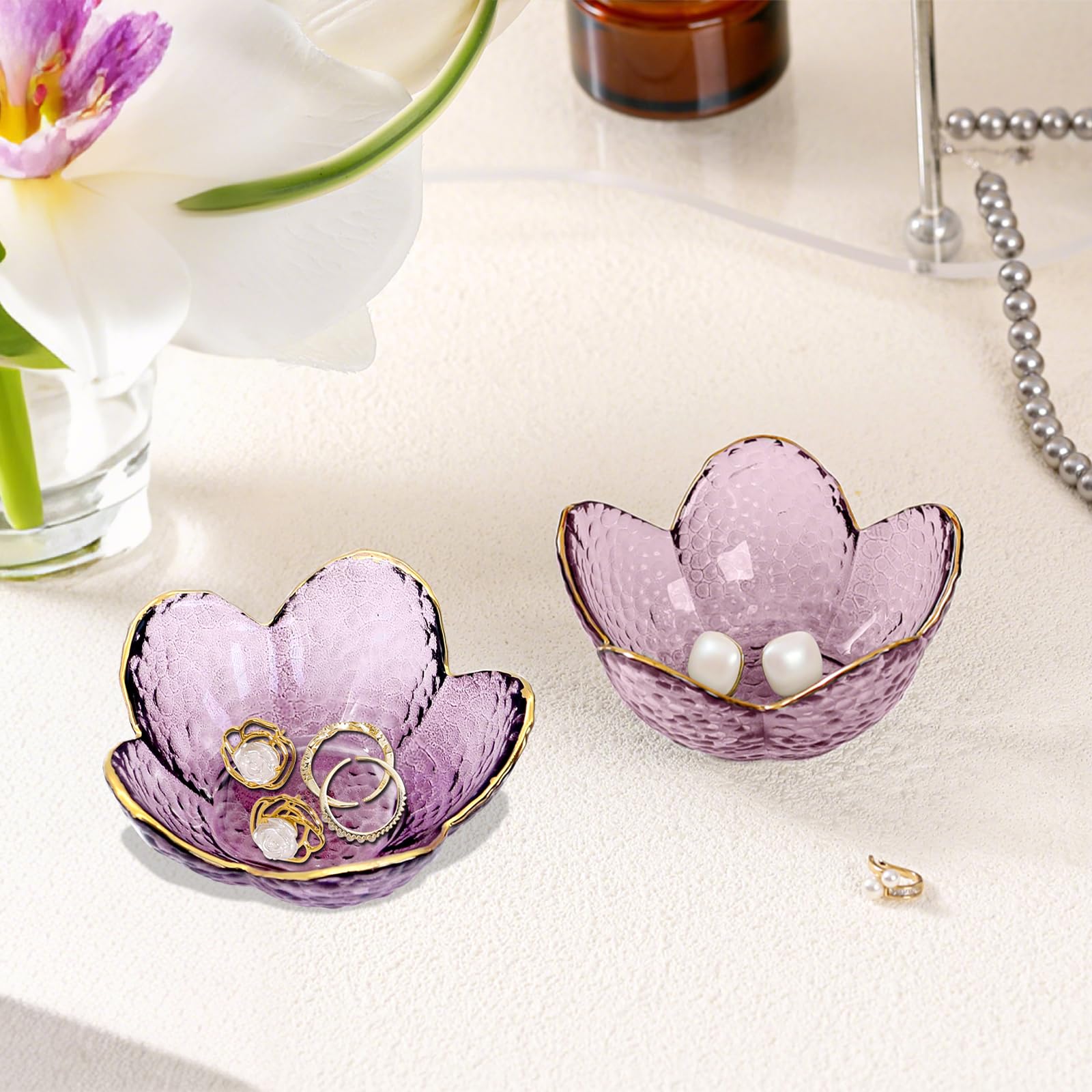 Purple Flower Jewelry Dish Glass Ring Holder Dish Jewelry Tray Cute Vanity Organizer Aesthetic Nightstand Bathroom Room Decor Trinket Dish Mothers Day Friendship Christmas Birthday Gifts for Women