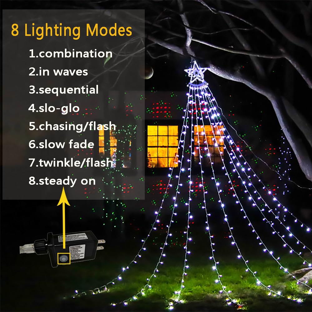 Aokudoni Outdoor Christmas Decorations: 12.6ft 350LED Waterfall Lights 8 Modes Christmas Lights, Xmas Tree House Yard Porch Patio Garden Decor, Multicolor
