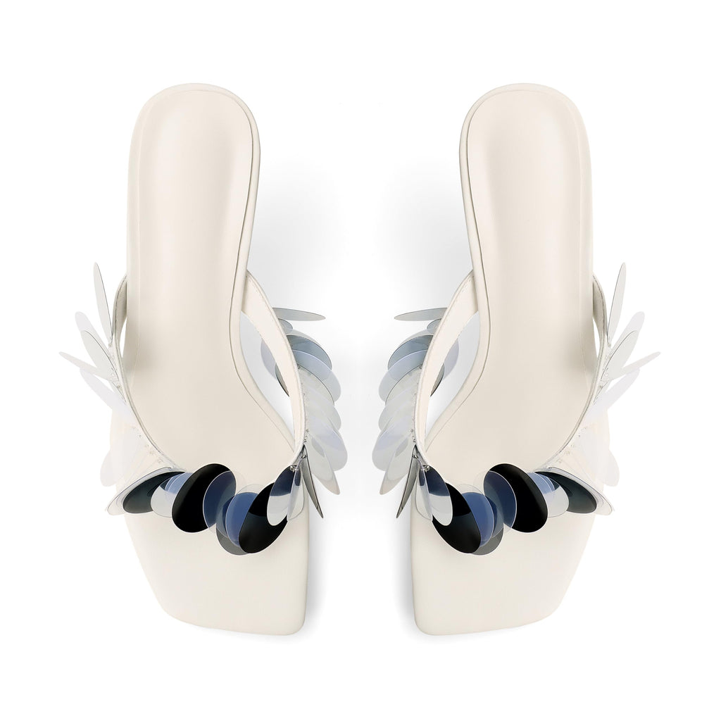 Flip Flop Heels for Women Square Open Strappy Heels Dressy Kitten Heeled Sandals with Plastic Disc Straps Comfortable Slip on Thong Slide