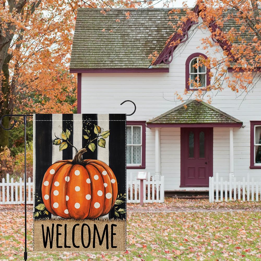 Fall Garden Flag For Outdoor Decor Thanksgiving Garden Flags Autumn Stained Glass Pumpkin Maple Leaf Double Sided Small Burlap Outside Porch Lawn Yard Flags Decorations 12.5x18 Inch