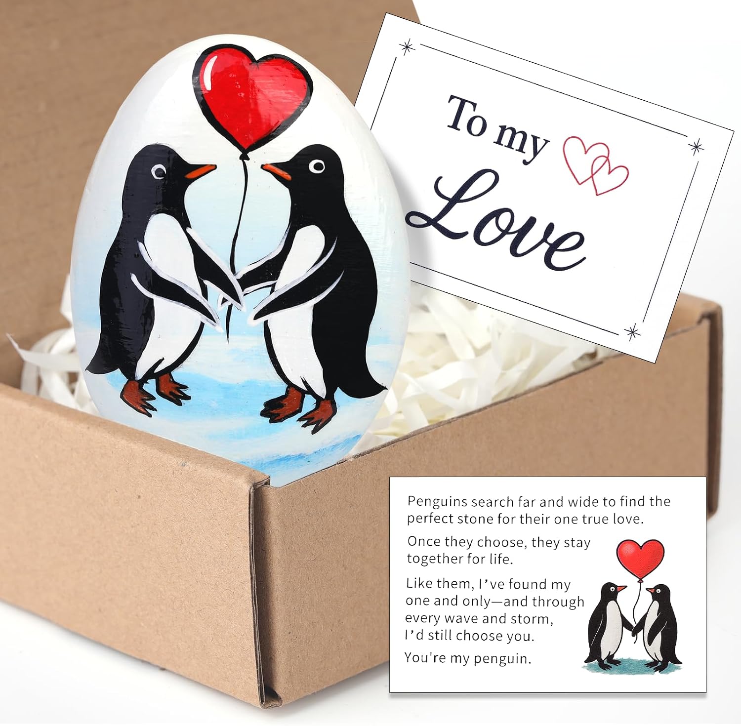 Penguin Love Stone Gift, Hand Painted Natural Pebble with “to My Love” and Penguin Story Card, Romantic Valentines or Anniversary Present for Boyfriend, Girlfriend, Husband, Wife