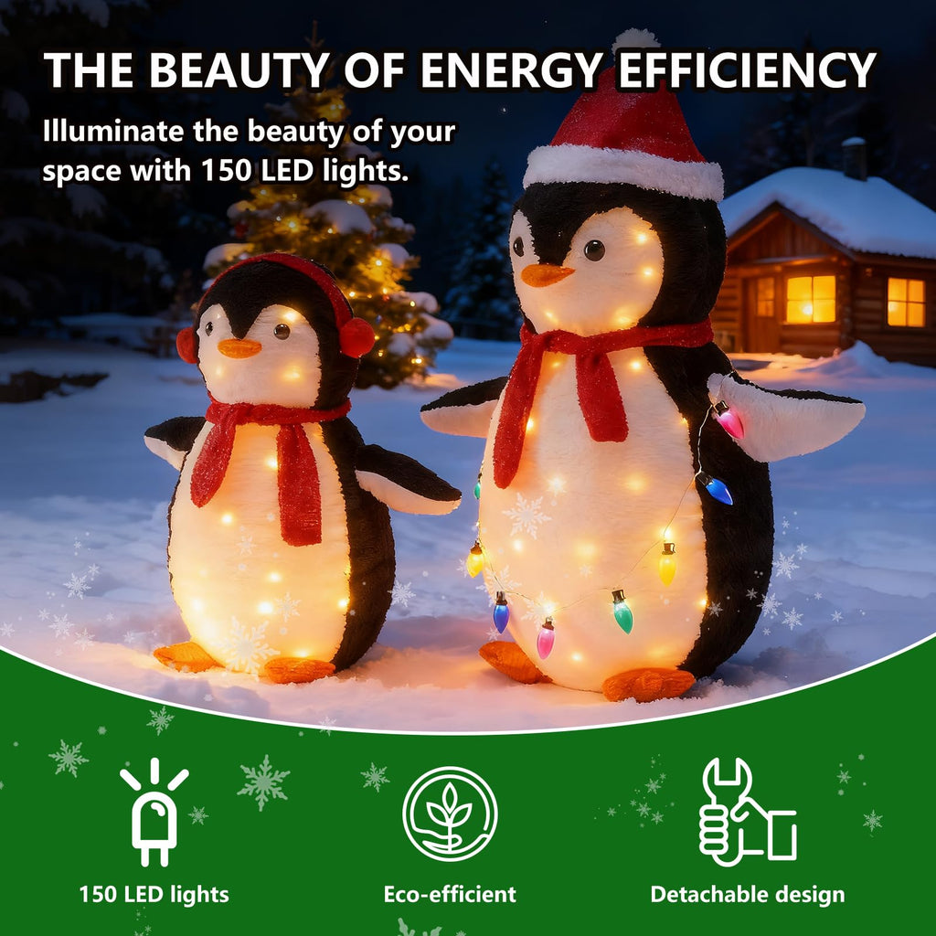 DUMOS 2-Piece Lighted Penguin Family Lovely Outdoor Christmas Decoration, Pop up Holiday Decor with 150 LED Lights for Yard, Garden, Storefront, White&Blue