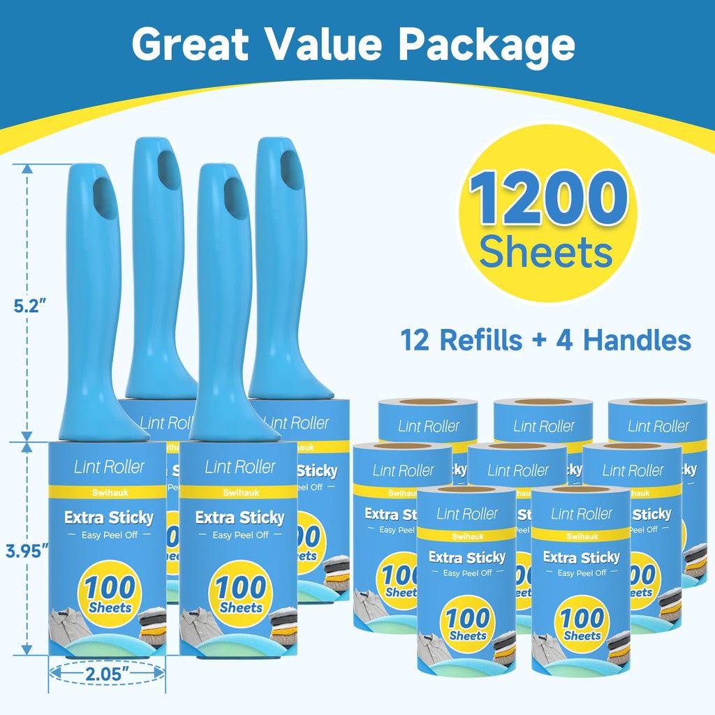 Swihauk 600 Sheets Extra Sticky Lint Rollers for Pet Hair, Easy Spiral Tear Lint Roller for Clothes with Ergonomic Handle, Multipurpose Lint Remover for Furniture, Carpet, Car Seat
