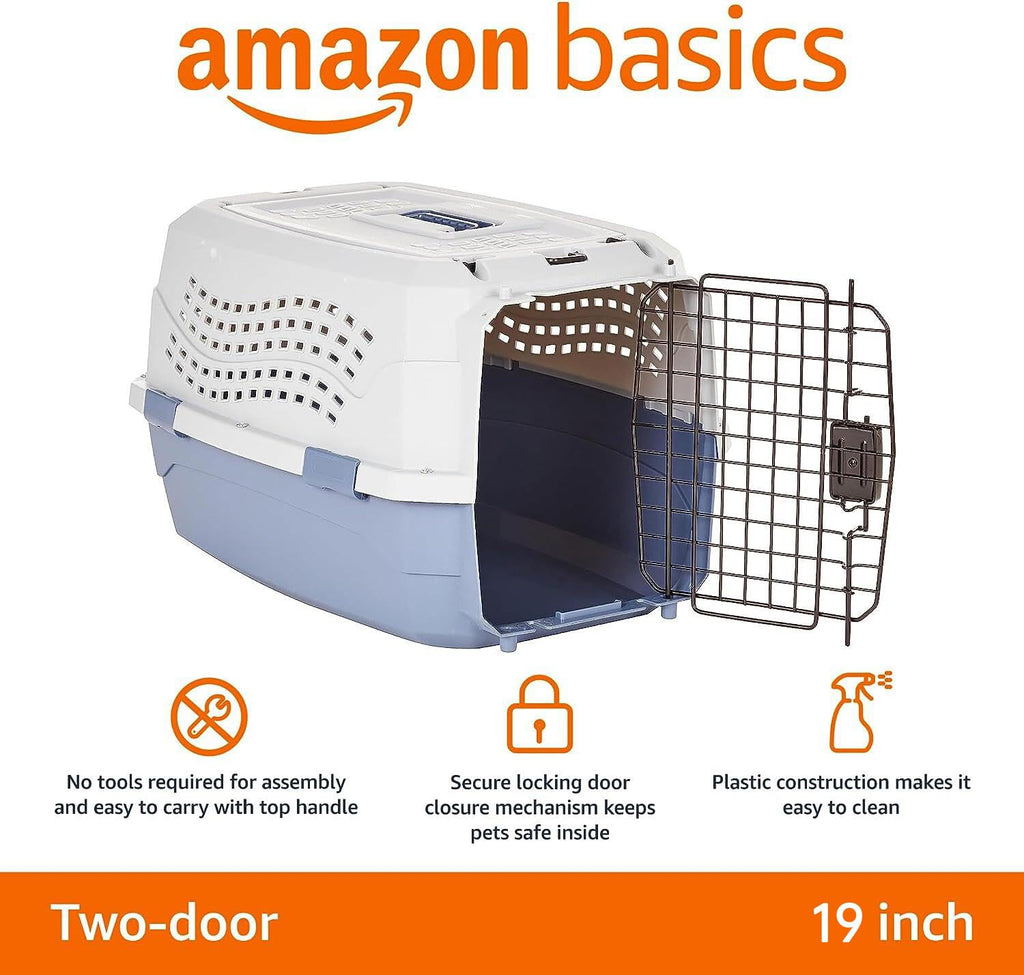 Amazon Basics Sturdy Portable 2-Door Top-Load Hard-Sided Pet Travel Carrier with Secure Ventilation, Handle, Front & Top Entry for Dogs, Cats, 22.8"L x 15"W x 13"H, Gray & Blue