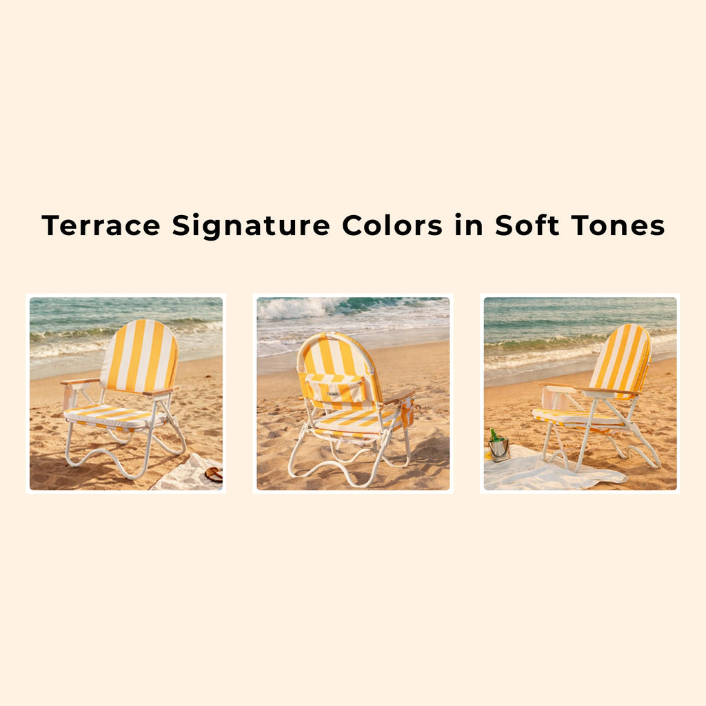 Padded Low Beach Chair, 4-Position Folding Outdoor Chair with Wooden Armrests, Cushioned Seat, Storage Pouch & Carry Strap for Beach, Patio and Lawn, Cala Serena Ochre Stripe
