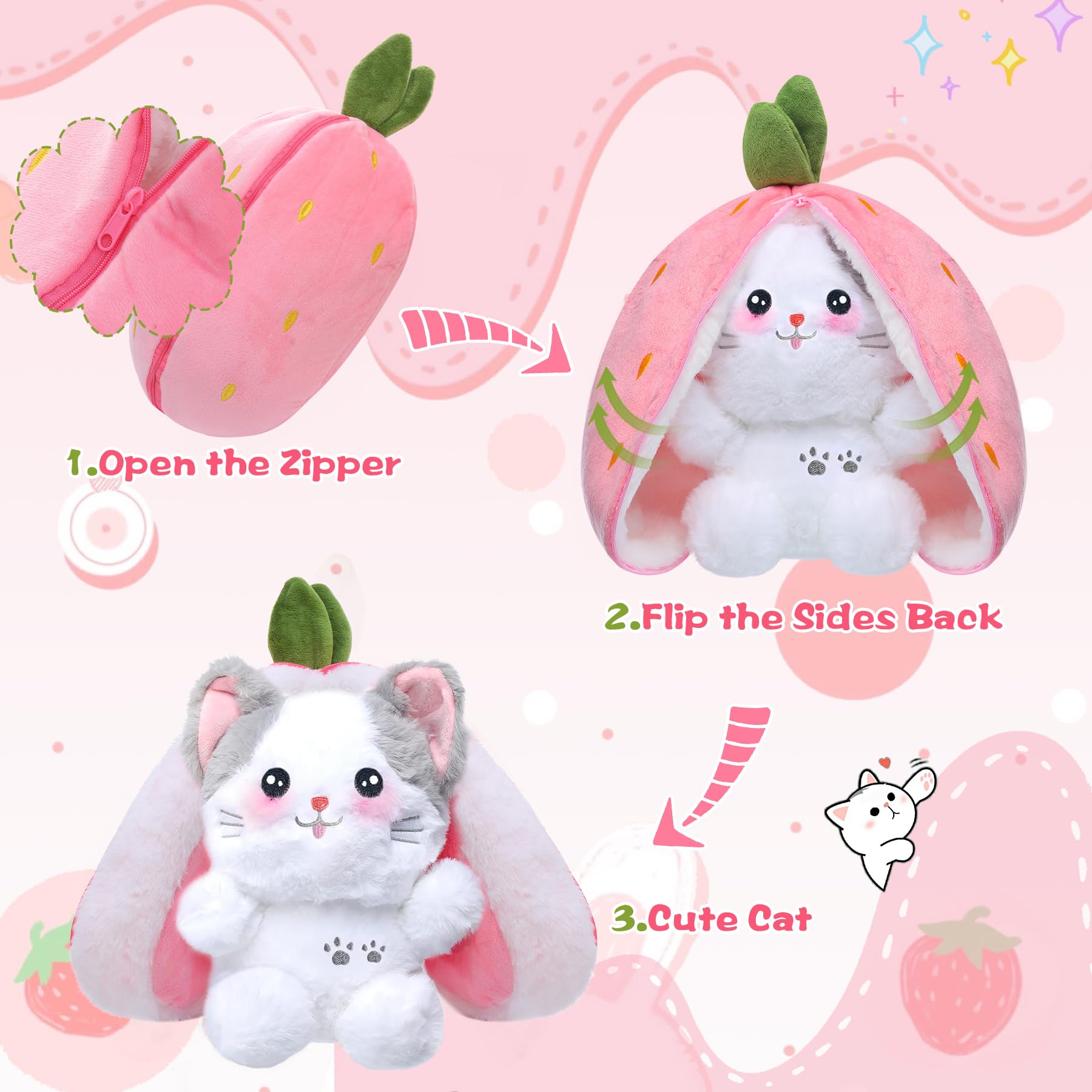 MIAODAM Bunny Stuffed Animal Reversible Cuddle Bunny Stuffed,Strawberry Bunny Transformed Rabbit Plush Zipper,Turns Into Ears Bunnies Plushies Toy Cute Stuffy Doll Easter