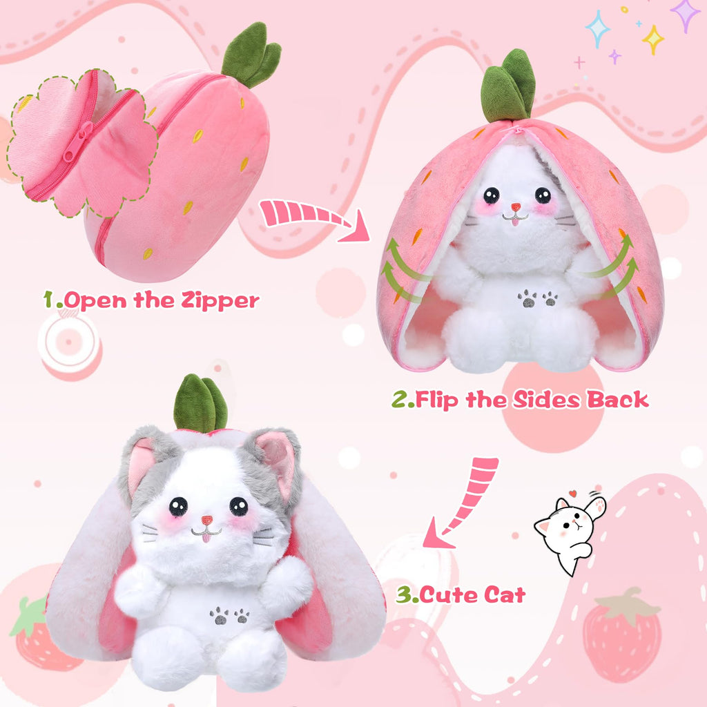 MIAODAM Bunny Stuffed Animal Reversible Cuddle Bunny Stuffed,Strawberry Bunny Transformed Rabbit Plush Zipper,Turns Into Ears Bunnies Plushies Toy Cute Stuffy Doll Easter