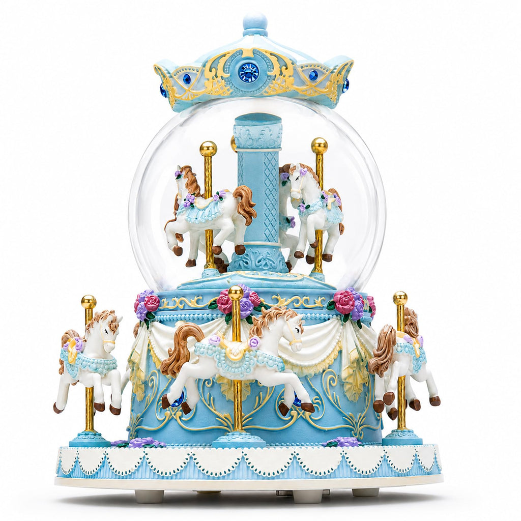 Blue Carousel Snow Globe Music Box with LED Lights, Rotating Horse Merry Go Round, Wind Up Musical Snow Globe Plays You are My Sunshine, Gift for Daughter Granddaughter Mom Women