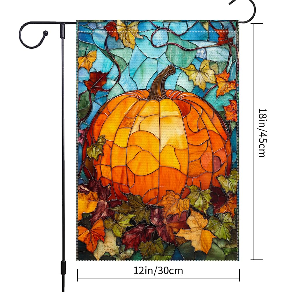 Fall Garden Flag For Outdoor Decor Thanksgiving Garden Flags Autumn Stained Glass Pumpkin Maple Leaf Double Sided Small Burlap Outside Porch Lawn Yard Flags Decorations 12.5x18 Inch