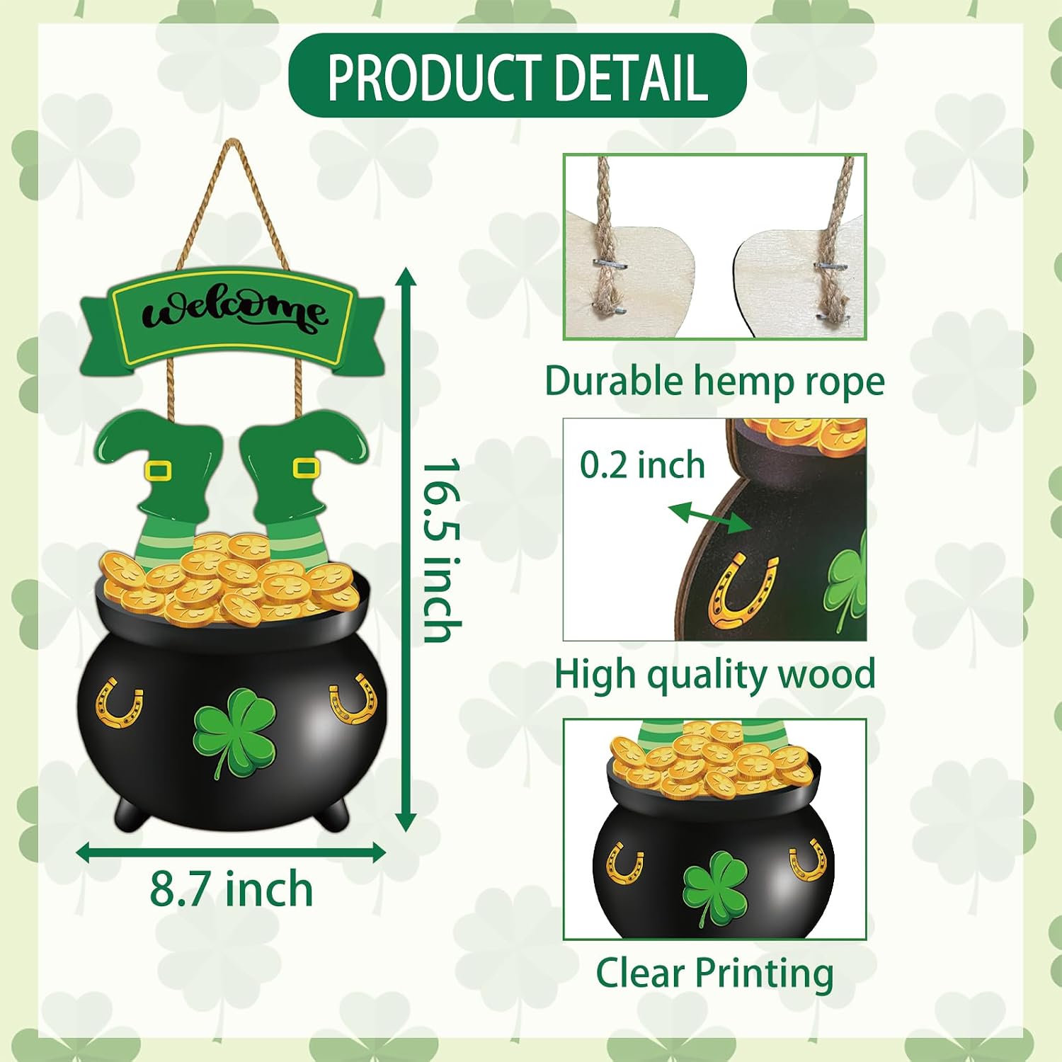 St Patricks Day Decorations St Patricks Day Wreath Door Decorations Wooden Wreaths for Front Door Hanger Gold Coin Jar Leprechaun Feet Welcome Sign Hanging Decor for Porch Wall Indoor Home Decor
