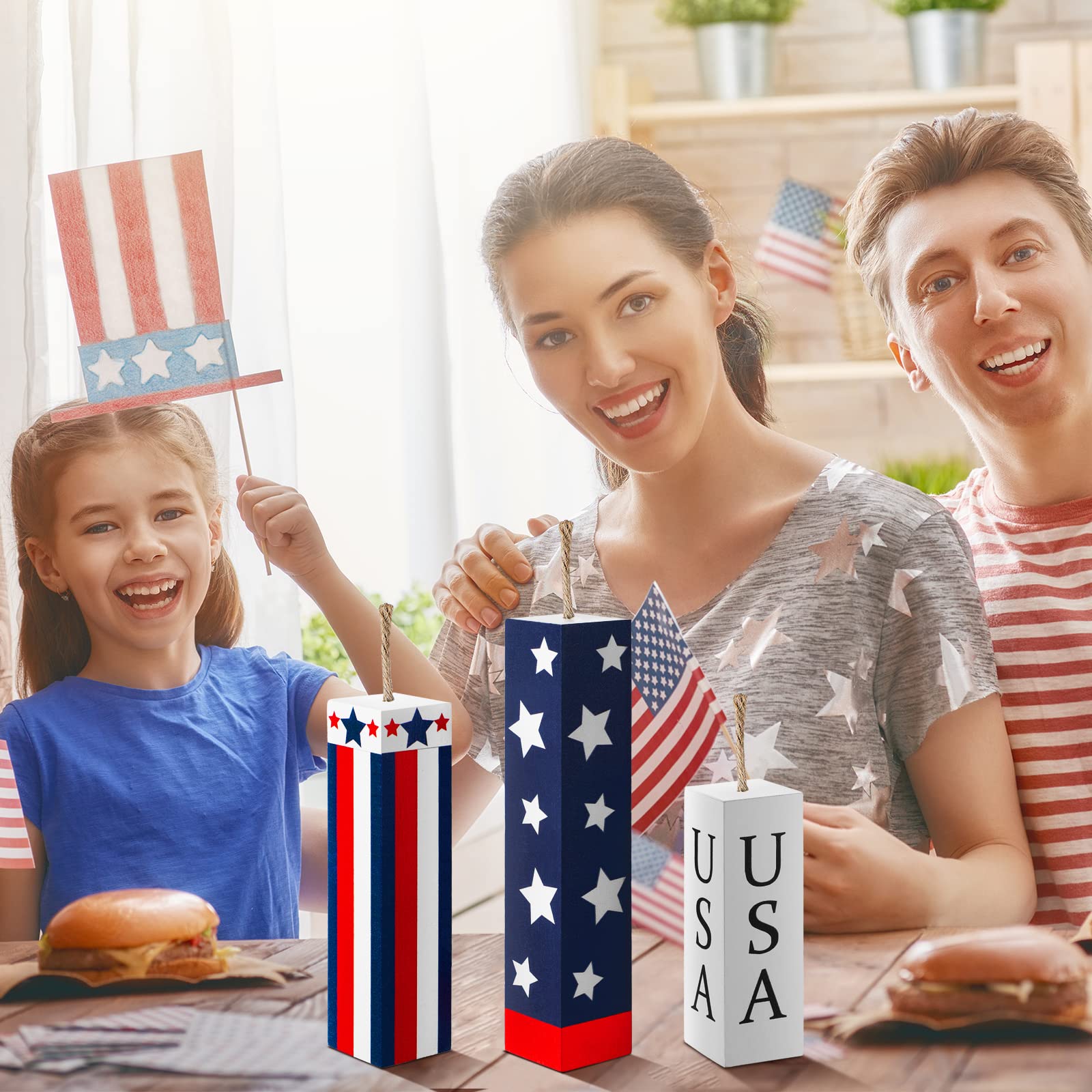 Amyhill 3 Pcs 4th of July Decorations Set Wooden Patriotic Table Centerpieces Independence Day Wood Firework Fourth of July Table Signs for 250th Anniversary Home Farmhouse Decor (Flag)