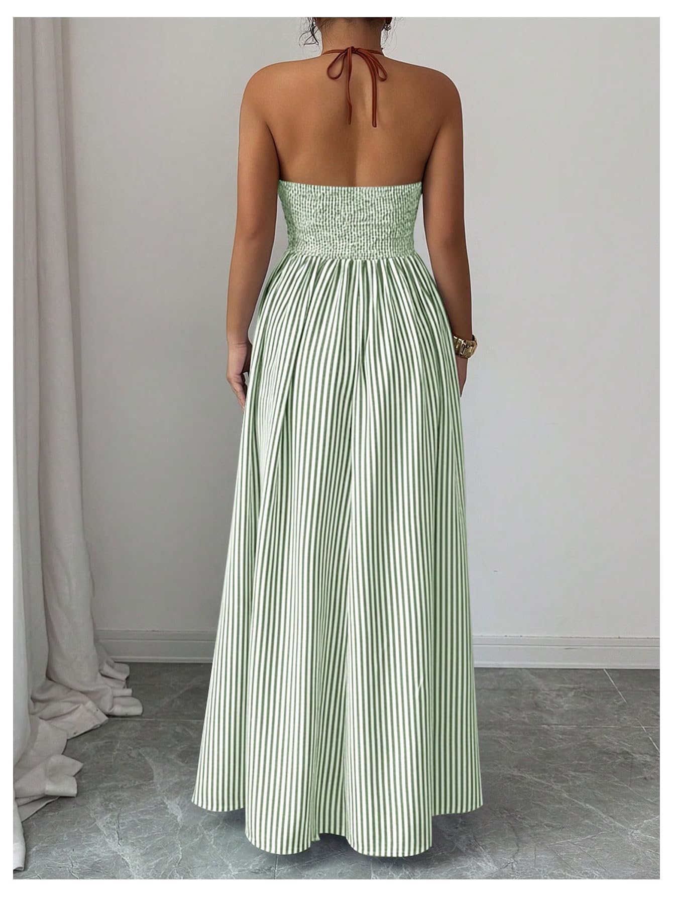 Floerns Women's Striped Halter Maxi Dress Backless Smocked Beach Vacation Boho Dress