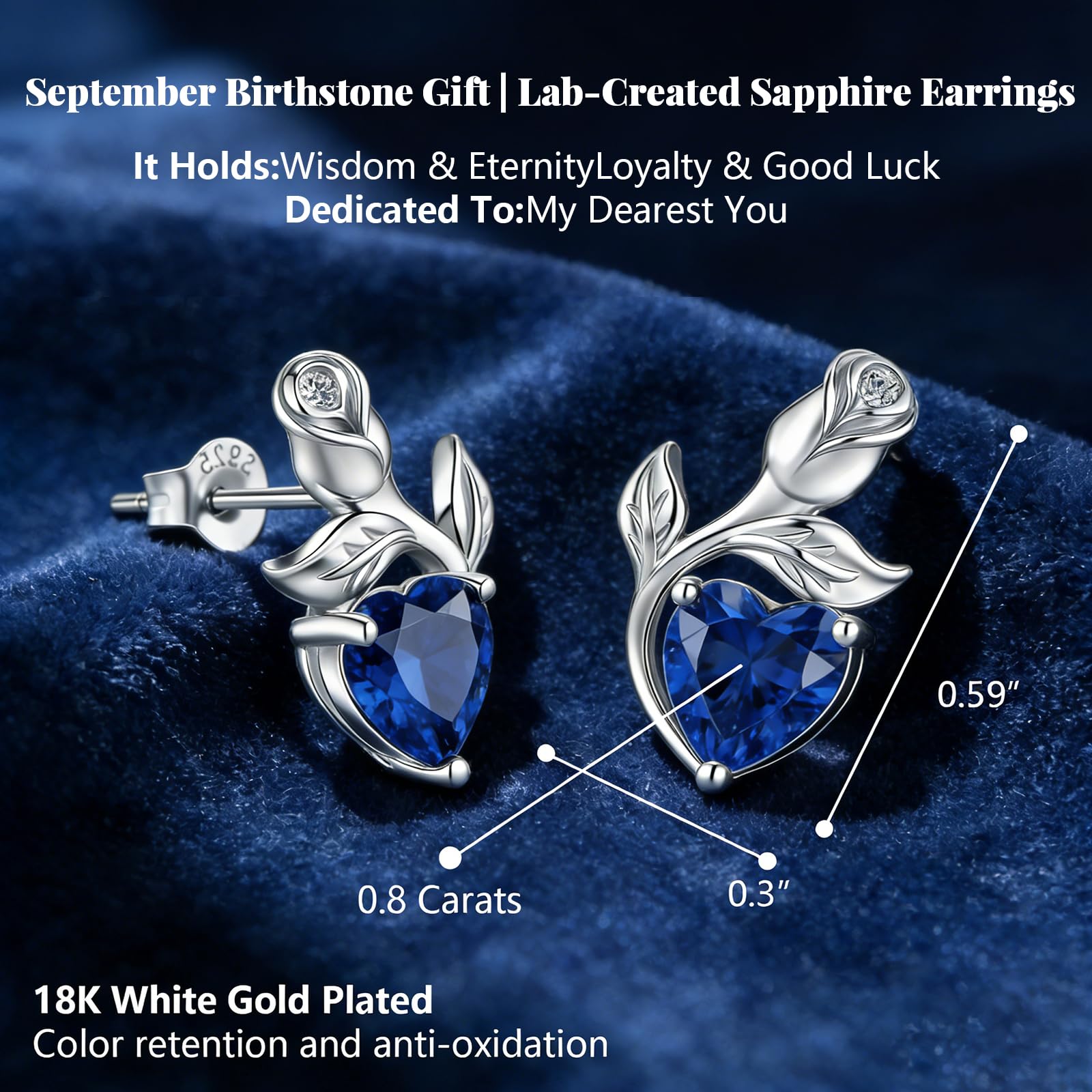 0.8CT Rose Heart Earrings Option of Sapphire Moissanite Stud Earrings Lab-Grown Earrings Birthstone Earrings for Women S925 Sterling Silver Post D Color VVS1 Clarity Ideal Gift for Wife Mother for Birthday Anniversary Mothers Day Gift for Mom Conveying I