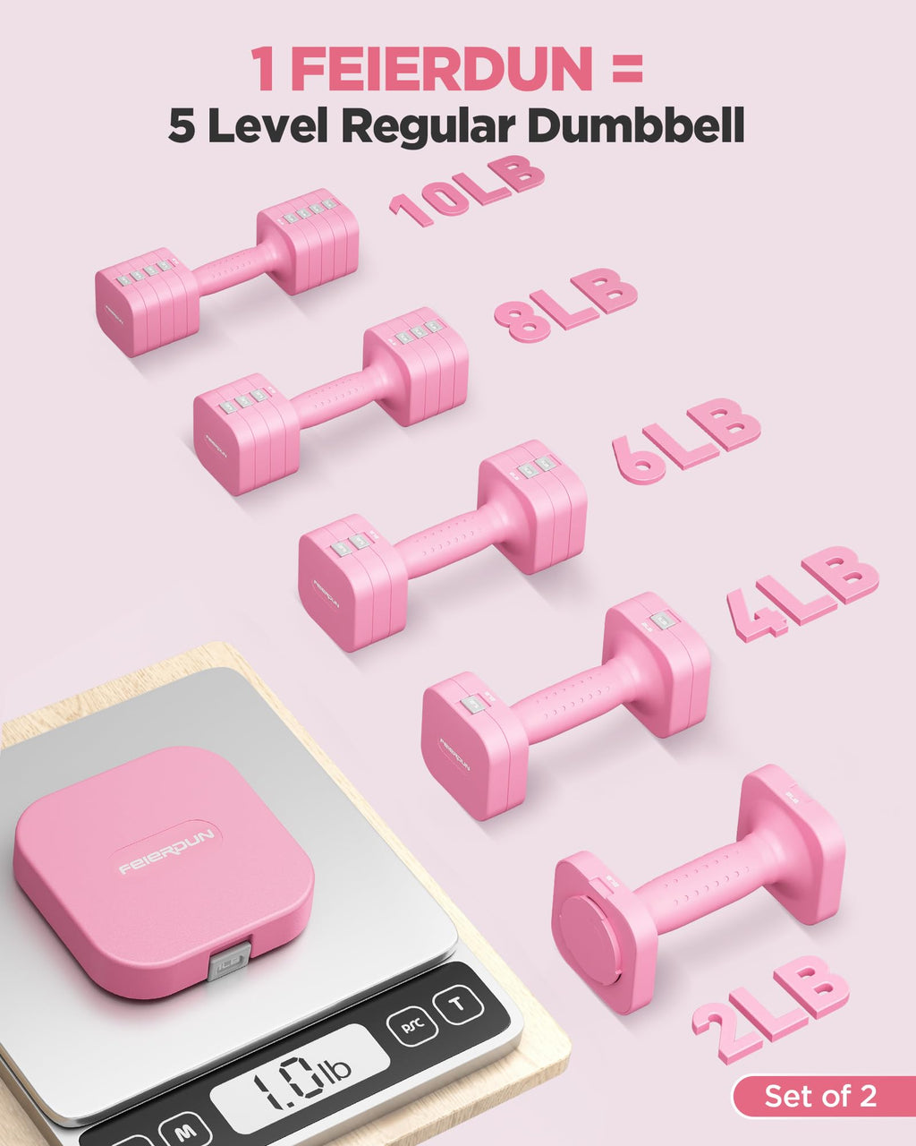 FEIERDUN DB3 5-in-1 Adjustable Dumbbell Set, 6LB/10LB Pair Adjustable Weights for Women at Home, Dual Locking Stable Hand Weights with TPU Soft Handle, Home Gym, Rehab, Pilates, Yoga, Strength Training