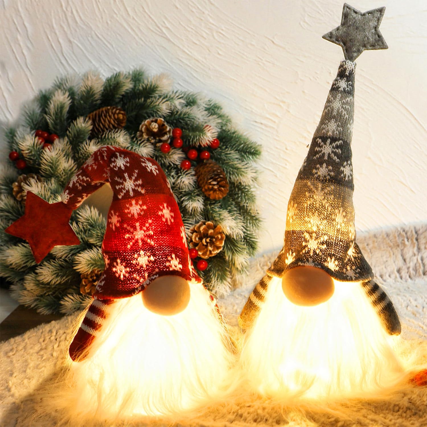 Juegoal 11" Lighted Christmas Gnome Santa, Light Up Elf Holiday Present, Battery Operated Winter Tabletop Christmas Decorations, 2 Set