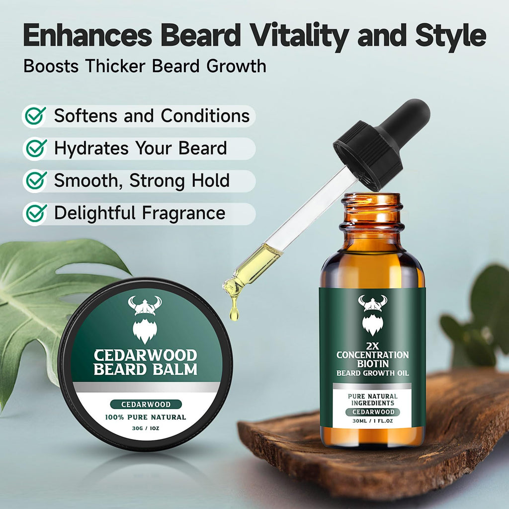 MistySprite Beard Growth Kit for Men, 2X Concentration Biotin Beard Oil & Styling Balm, Natural Facial Hair Conditioner with Argan, Jojoba & Vitamin E, Sandalwood Scent Softener