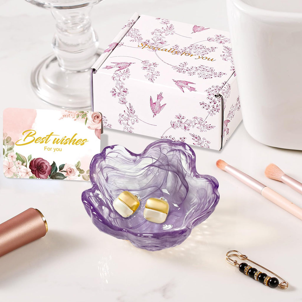Purple Flower Jewelry Dish Glass Ring Holder Dish Jewelry Tray Cute Vanity Organizer Aesthetic Nightstand Bathroom Room Decor Trinket Dish Mothers Day Friendship Christmas Birthday Gifts for Women