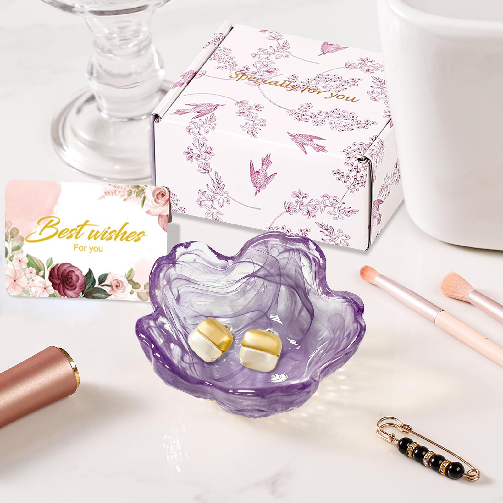 Purple Flower Jewelry Dish Glass Ring Holder Dish Jewelry Tray Cute Vanity Organizer Aesthetic Nightstand Bathroom Room Decor Trinket Dish Mothers Day Friendship Christmas Birthday Gifts for Women