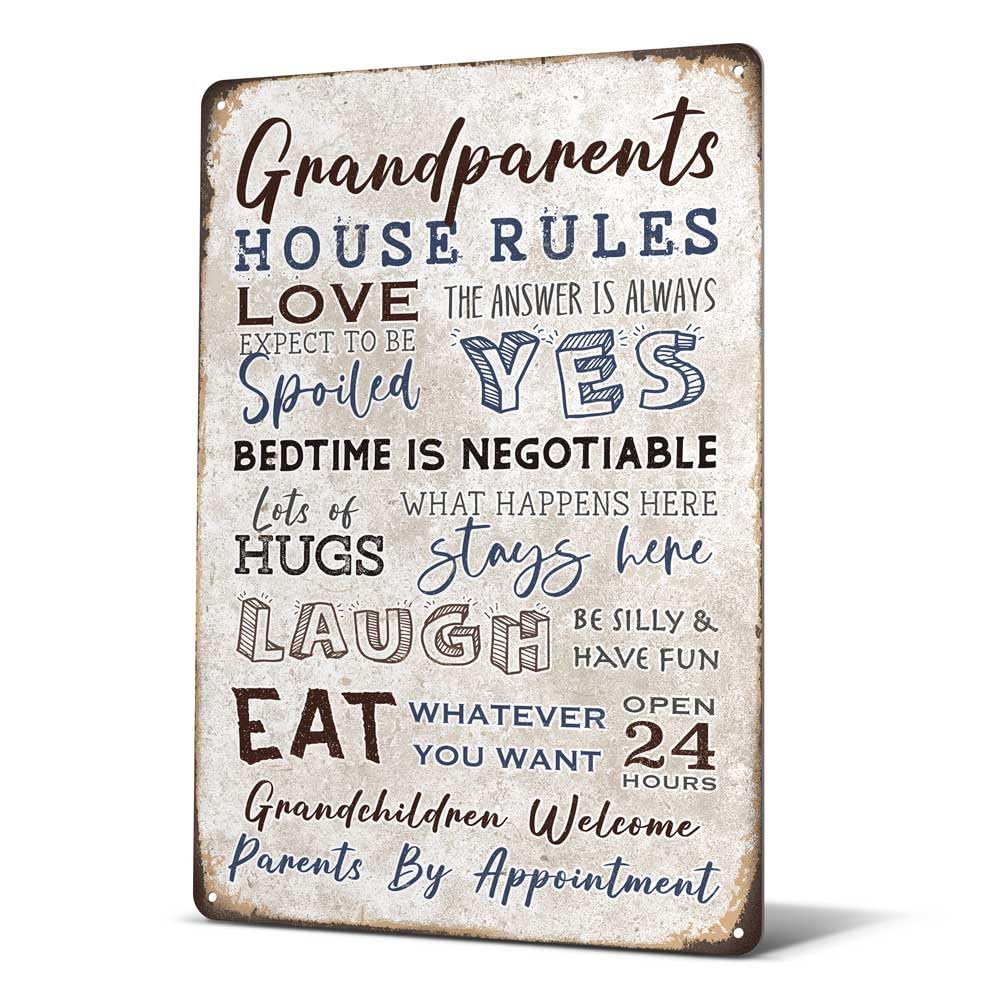Heuhuww Grandparents Gifts-Vintage Grandparents House Rules Metal Sign for Grandma Grandpa from Grandkids Rustic Farm Home Kitchen Decor 12" x 8"(H19)