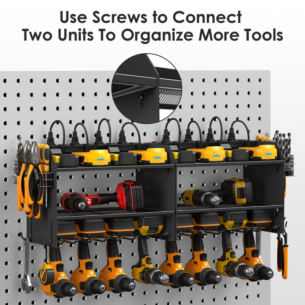CCCEI Modular Power Tool Organizer Wall Mount with Charging Station. Garage Drill Storage Shelf with Hooks, Heavy Duty Rack, Tool Battery Holder Built in 8 Outlet. Gift for Men. Red, 1 Pack.