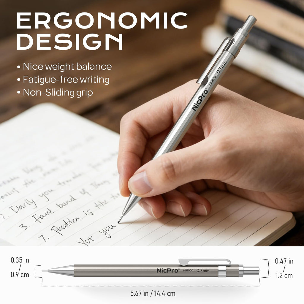 Nicpro 4 Pack Mechanical Pencil 0.7mm with Case, MB1000 Metal Mechanical Pencil Set with 6 Tube HB #2 Lead Refill 0.7 mm, 3PCS 4B Eraser, 9 Cap Eraser for Artist Drafting Writing, Sketching, Drawing