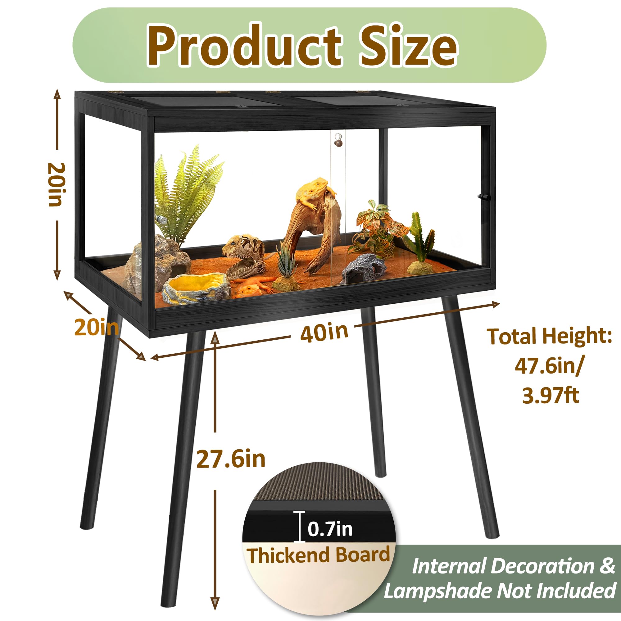 PROLEE Reptile Enclosure with Leg, 35 Gallons Bearded Dragon Tank, Tempered Glass Lizard Tank with Metal Mesh Tops and Lockable Door, Spacious Reptile Habitat for Snake,Lizard (Oak)