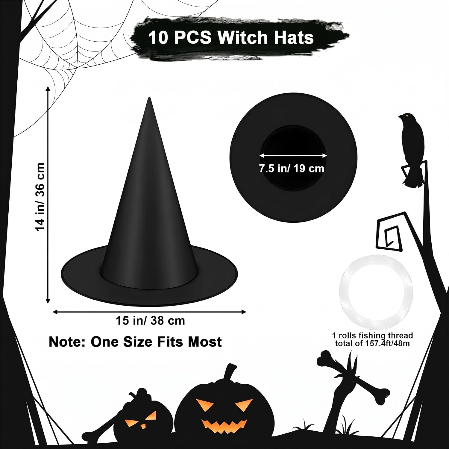 Halloween Witch Hats Decorations, 10 PCS Hanging Floating Witch Hats Bulk with 157FT Fishing Line, Black Wizard Hat Decor for Outdoor Indoor Porch Yard Party Supplies Costume Accessory