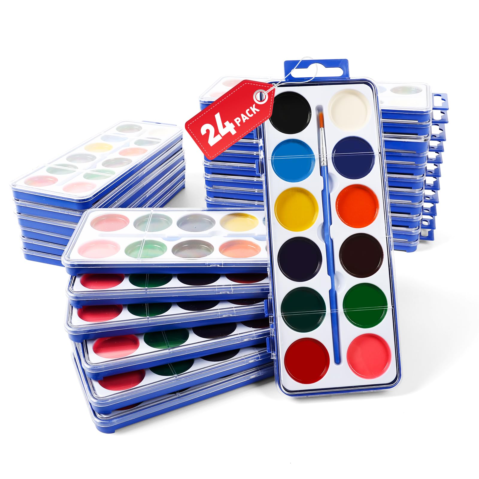 24 Pack Watercolor Paint Set for Kids, 12 Colors Watercolors Paints with Paint Brush, Kids Water color Paint Set for Party Favor, Classroom,Easter Basket Stuffers.