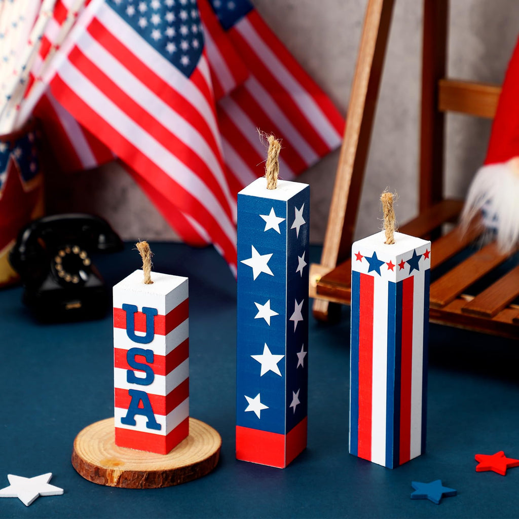 Amyhill 3 Pcs 4th of July Decorations Set Wooden Patriotic Table Centerpieces Independence Day Wood Firework Fourth of July Table Signs for 250th Anniversary Home Farmhouse Decor (Flag)